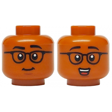 dark orange minifigure head dual sided black eyebrows and glasses reddish brown chin dimple closed mouth smile open mouth grin with teeth and red tongue pattern