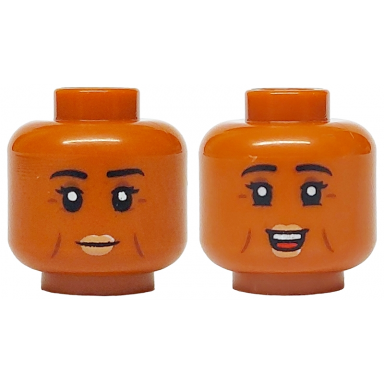 dark orange minifigure head dual sided female black eyebrows and eyelashes nougat lips reddish brown cheek lines and crows feet closed mouth smile open mouth grin with teeth and red tongue pattern