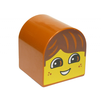 dark orange duplo brick 2 x 2 x 2 slope curved double with yellow boy face dark brown hair open mouth smile with teeth freckles pattern