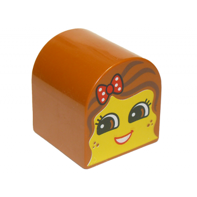 dark orange duplo brick 2 x 2 x 2 slope curved double with yellow girl face dark brown streaks in hair red bow with polka dot open mouth smile with teeth freckles pattern