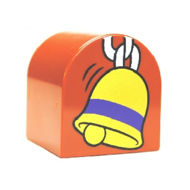 dark orange duplo brick 2 x 2 x 2 slope curved double with gold bell pattern