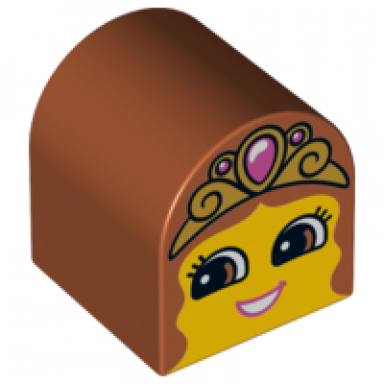dark orange duplo brick 2 x 2 x 2 slope curved double with yellow girl face gold crown with dark pink jewel open mouth smile with teeth pattern