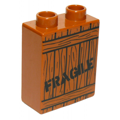 dark orange duplo brick 1 x 2 x 2 with black wood grain and fragile pattern