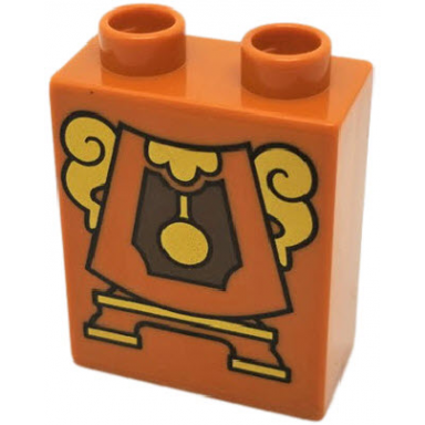 dark orange duplo brick 1 x 2 x 2 with cogsworth clock body with gold pendulum and sides pattern