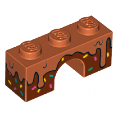 dark orange arch 1 x 3 with frosting dripping over dark brown icing with sprinkles pattern