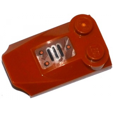 dark orange slope curved 3 x 2 x 2 3 with 2 studs wing end with rust grille and rivets pattern model right side sticker - set 70143