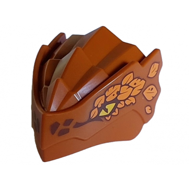 dark orange dragon head ninjago with stepped top and pin hole on back with yellow eyes dark brown scales and orange leaves pattern