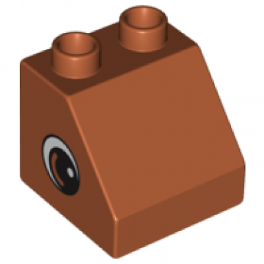 dark orange duplo brick 2 x 2 x 1 1 2 slope 45 with circled black eye with arc and white pupil pattern on both sides