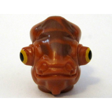 dark orange minifigure head modified sw mon calamari with large reddish brown skin texture and yellow and black eyes pattern