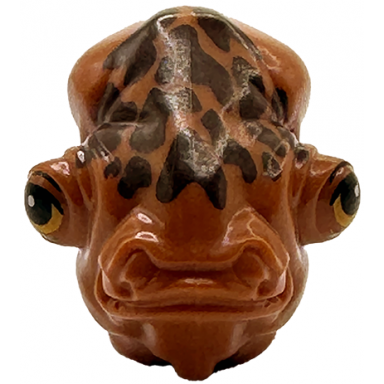 dark orange minifigure head modified sw mon calamari with dark brown skin texture and bright light orange and black eyes with eyelids pattern