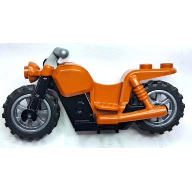 dark orange motorcycle chopper with black frame flat silver wheels and flat silver handlebars
