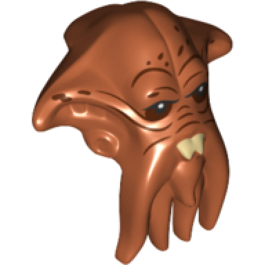 dark orange minifigure head modified sw quarren with black eyes white pupils reddish brown wrinkles and tan teeth pattern