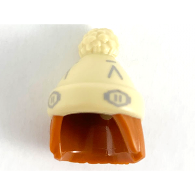 dark orange minifigure hair combo hair with hat straight shoulder length with molded tan stocking cap and printed light bluish gray shapes pattern