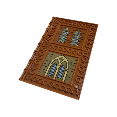 dark orange tile modified 10 x 16 with studs on edges and bar handles with brick walls and stained glassed windows pattern stickers - set 76382