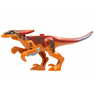 dark orange dinosaur body pyroraptor with dark red top red and dark brown markings sand blue feathers pattern