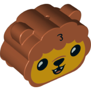 dark orange duplo brick 2 x 4 x 3 scalloped ears on sides with black eyes nose and mouth white fangs and bright light orange face lion head pattern