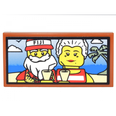 dark orange tile 2 x 4 with santa with fiji hat and mrs claus on beach with drinks and palm tree photo pattern sticker - set 10245