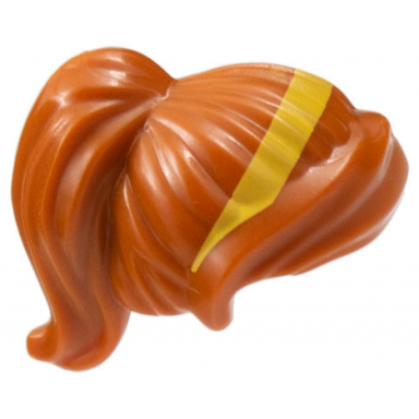 dark orange minifigure hair female ponytail and swept sideways fringe with yellow hairband pattern