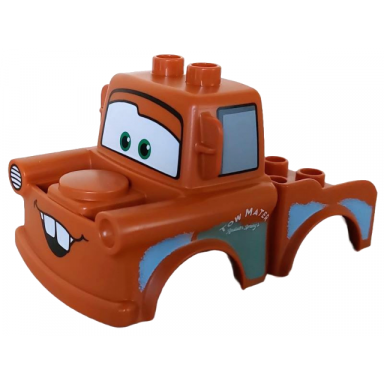 dark orange duplo car body 2 top studs truck with cars tow mater black window outline and 4 teeth pattern