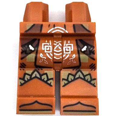 dark orange hips and legs with loincloth with silver celtic knot reddish brown belts olive green feathers shoe tips pattern