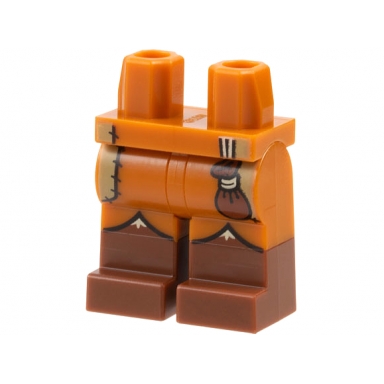 dark orange hips and legs with molded reddish brown lower legs boots and printed dark tan patches and reddish brown pouch pattern