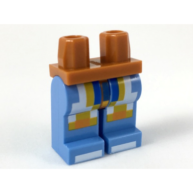 dark orange hips and medium blue legs with blue bright light orange orange and white pixelated armor pattern