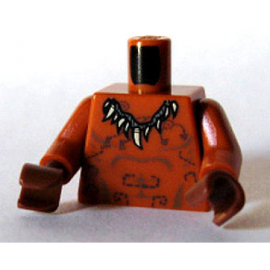 dark orange torso bare chest with muscles outline tattoos animal tooth claw necklace pattern dark orange arms reddish brown hands