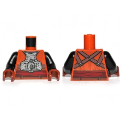 dark orange torso sw armor plates with back straps and dark red sash pattern black arms reddish brown hands