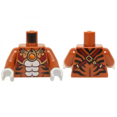 dark orange torso black bare chest with tiger stripes dark red and gold armor with straps and fire chi emblem pattern dark orange arms white hands