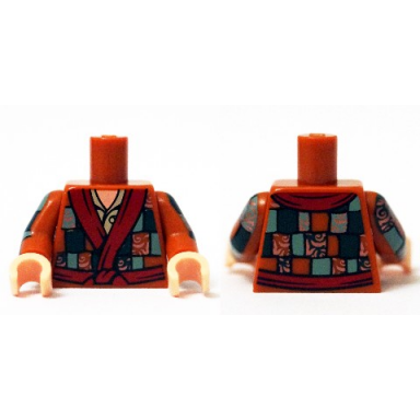 dark orange torso robe with dark green and sand green patchwork with copper filigree and dark red trim over tan shirt with button light nougat neck pattern dark orange arms with dark green and sand green patchwork with copper filigree pattern light nougat hands