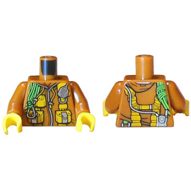 dark orange torso jacket with bright light orange pouches silver radio and bright green rope pattern dark orange arms yellow hands