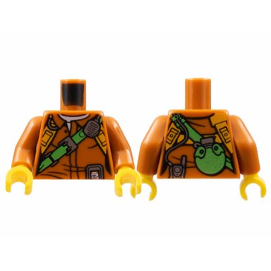 dark orange torso female jacket with bright light orange harness bright green strap silver radio and canteen on back pattern dark orange arms yellow hands