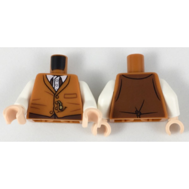 dark orange torso vest with black and white button down shirt pattern white arms light nougat hands