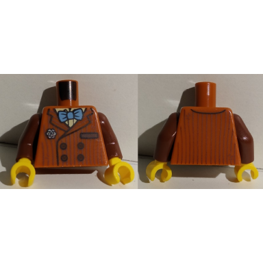 dark orange torso suit with buttons pocket bright light yellow shirt medium blue bow tie silver brooch pattern reddish brown arms yellow hands