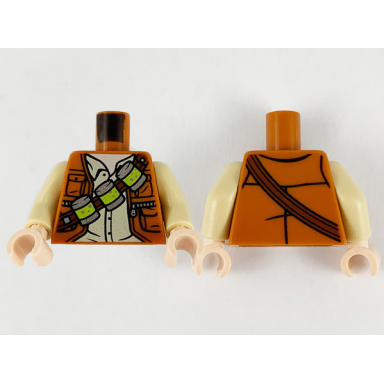dark orange torso jacket over tan shirt reddish brown bandolier with 3 silver and lime canisters pattern tan arms light nougat hands