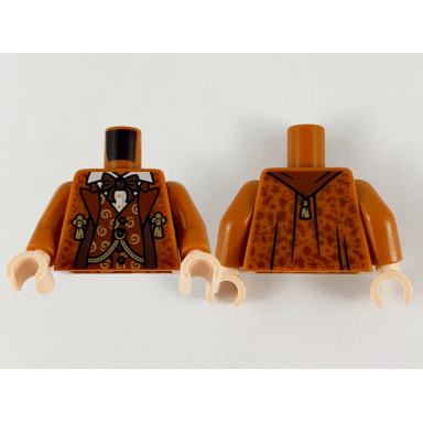 dark orange torso jacket with reddish brown lapels and vest dark brown bow tie and trim gold chain and tassels pattern dark orange arms light nougat hands