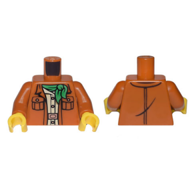 dark orange torso jacket with 2 pockets over tan shirt with copper buttons buckle and green bandana pattern dark orange arms yellow hands