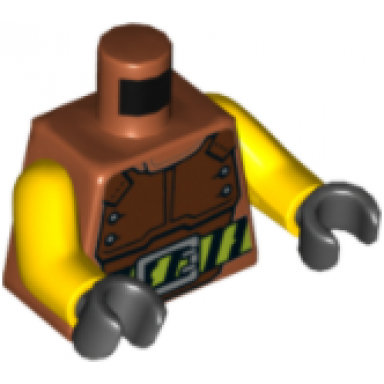 dark orange torso reddish brown chest protector black and lime striped belt with buckle pattern yellow arms black hands