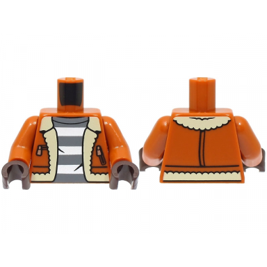 dark orange torso jacket with tan fur lining and copper zippers over dark bluish gray shirt with white prison stripes pattern dark orange arms dark brown hands