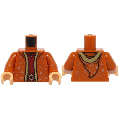 dark orange torso robe with hood dark tan fur lining copper symbols and dots dark red dress with belt and buckle pattern dark orange arms medium tan hands