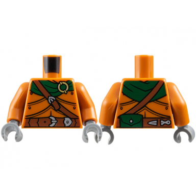 dark orange torso armor plates dark green scarf gold ring reddish brown belts silver buckles pouch on back pattern dark orange arms dark bluish gray hands
