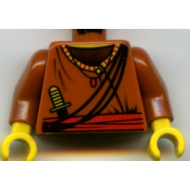 dark orange torso shirt with button and striped collar over black undershirt red sash pendant necklace ropes dagger yellow neck pattern dark orange arms yellow hands