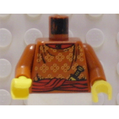 dark orange torso shirt with yellow floral designs and red collar sash dagger pattern dark orange arms yellow hands