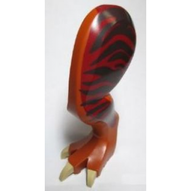 dark orange dinosaur leg large rear tyrannosaurus rex with pin tan claws and dark brown stripes on dark red pattern - left