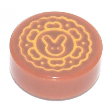 dark orange tile round 1 x 1 with moon cake with bright light orange bunny on reddish brown background pattern