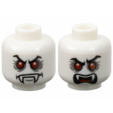 glow in dark white minifigure head dual sided alien vampire black eyebrows red eyes dark bluish gray eye shadow scowl open mouth with fangs and tongue pattern