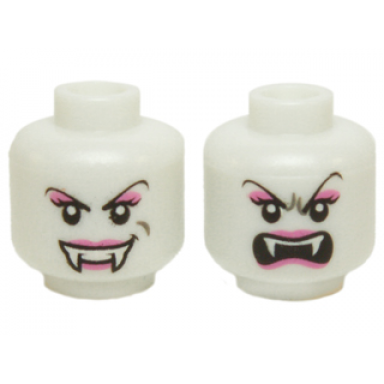 glow in dark white minifigure head dual sided alien with black eyes fangs arched eyebrows mouth closed mouth open pattern lady vampyre