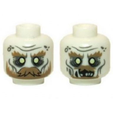 glow in dark white minifigure head dual sided lotr ghost with glowing eyes moustache and circles on temples mouth closed mouth open pattern