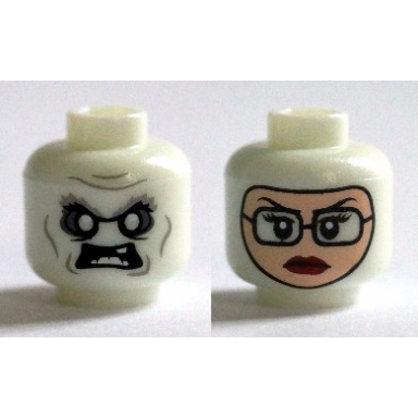 glow in dark white minifigure head dual sided alien with white eyes and teeth balaclava light nougat female face with glasses red lips pattern