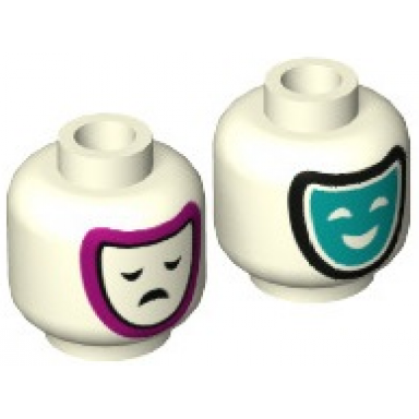 glow in dark white minifigure head dual sided dark turquoise comedy and magenta outlined tragedy theater masks pattern